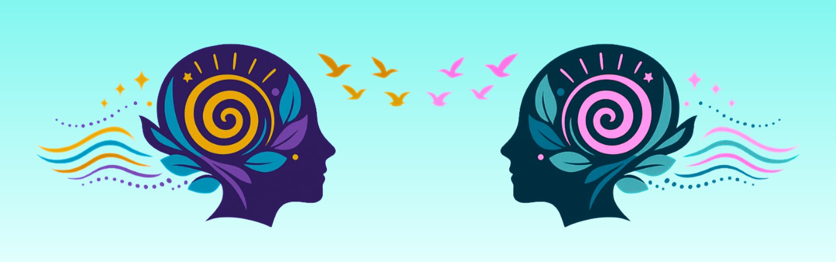 Two minds, neurodivergent and neurotypical, with birds carrying ideas between them